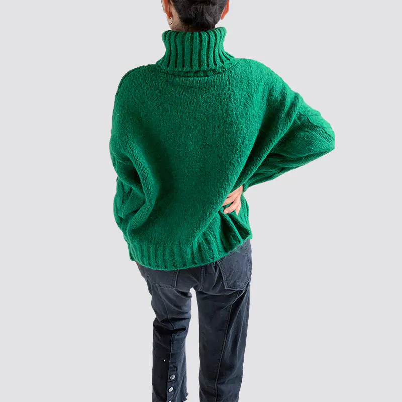 Misty Green Cable-Knit Turtleneck Pullover Sweater